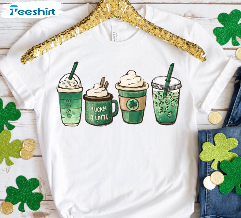 St Patricks Day Coffee Sweatshirt, Lucky Latte Sweater Short Sleeve