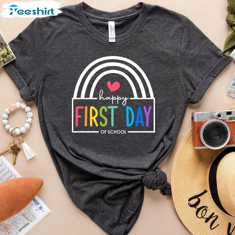 Happy First Day Of School Rainbow Shirt, Back To School Short Sleeve Tee Tops