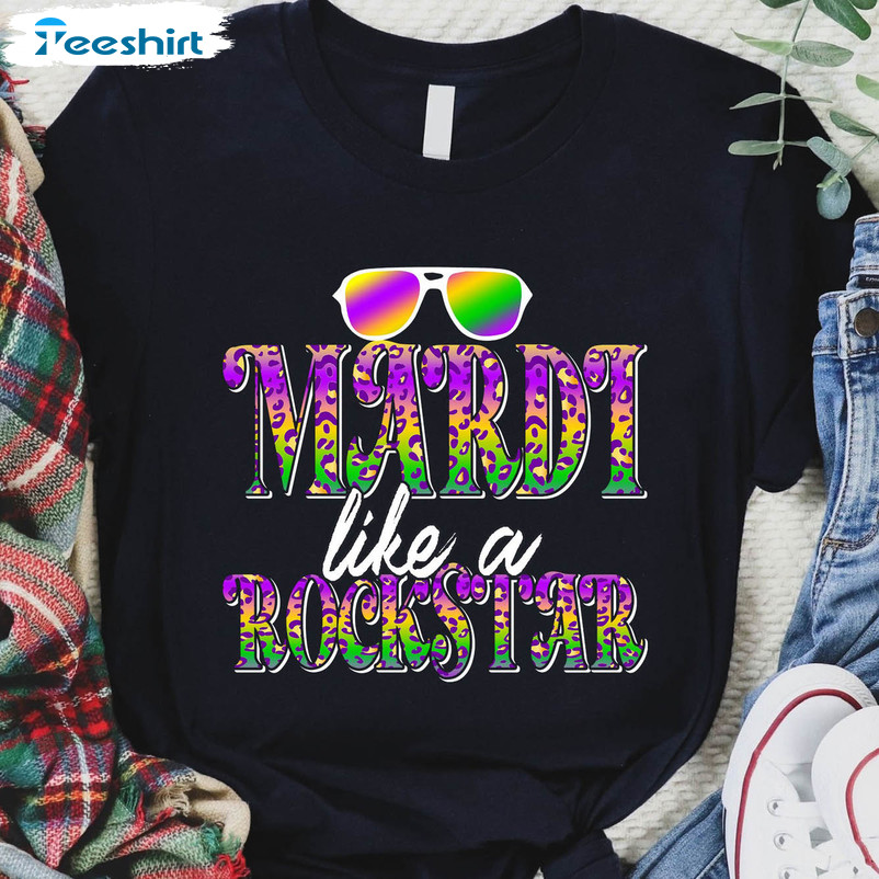 Mardi Like A Rockstar Shirt, Leopard Sunglasses Mardi Gras Long Sleeve Unisex Hoodie