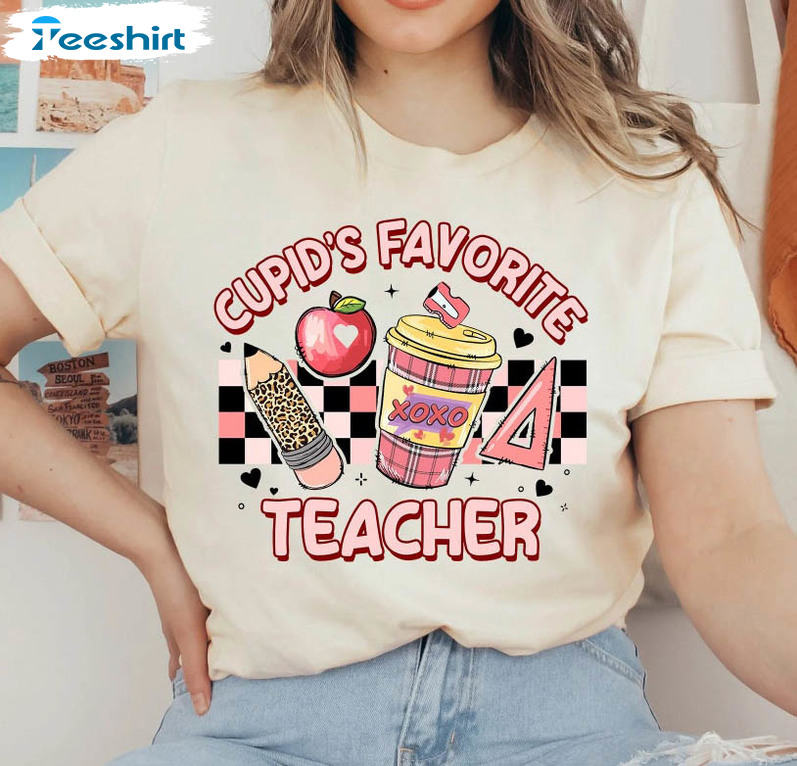 Cupid's Favorite Teacher Shirt, Teacher Valentine Funny Long Sleeve Crewneck