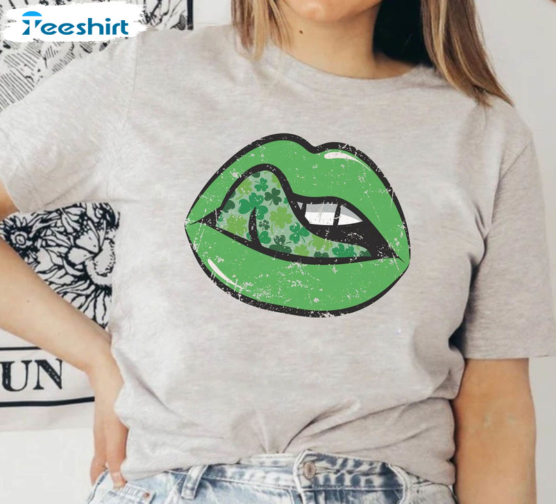 Shamrock Lips St Patrick's Day Shirt, Shamrock Lucky Lips Short Sleeve Crewneck