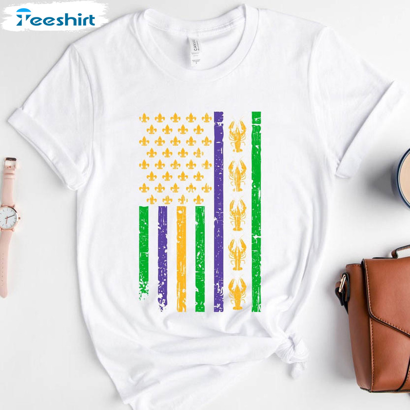 Mardi Gras American Flag Funny Shirt, Mardi Gras Squad Holiday Crewneck Unisex T-shirt