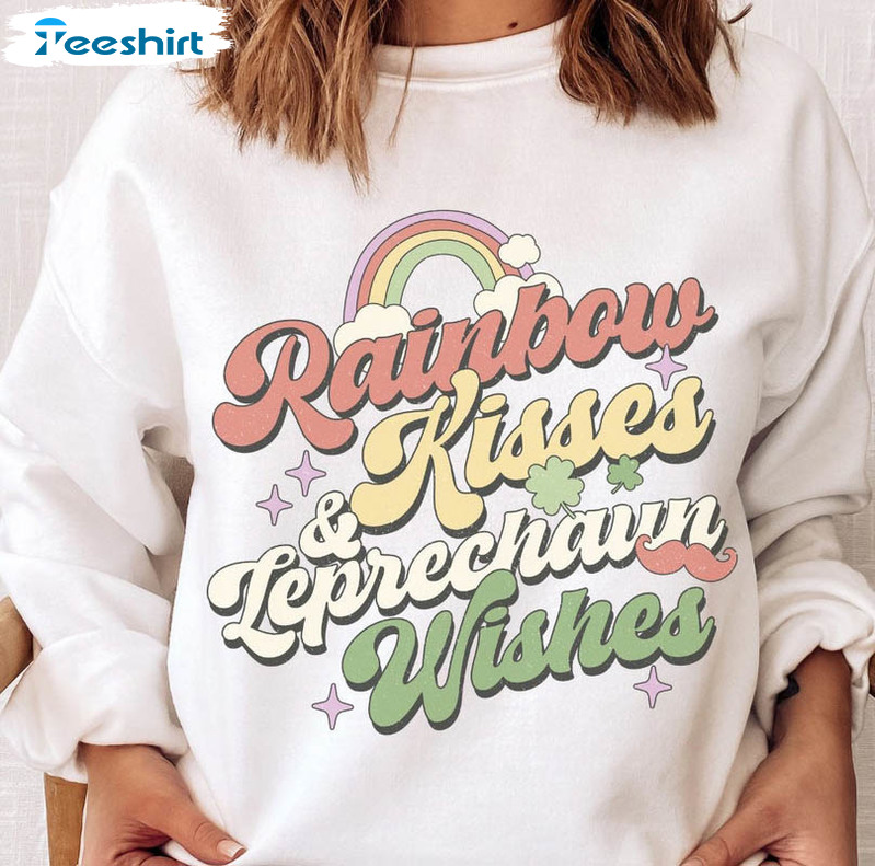 Retro Rainbow Kisses And Leprechaun Wishes Shirt, Trending Unisex Hoodie Long Sleeve