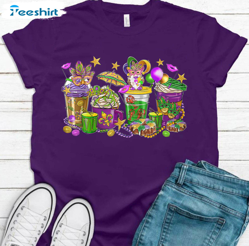 Mardi Gras Coffee Cup Gnome Shirt, Fat Tuesday Flower De Luce Long Sleeve Unisex Hoodie