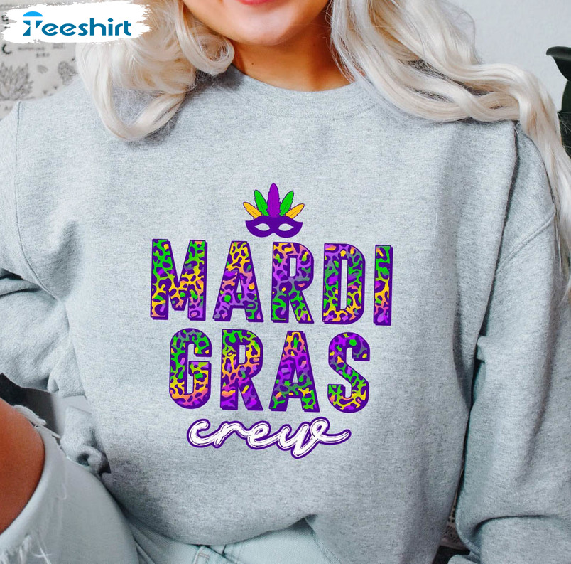 Mardi Gras Crew Sweatshirt, Leopard Mardi Grass Short Sleeve Sweater