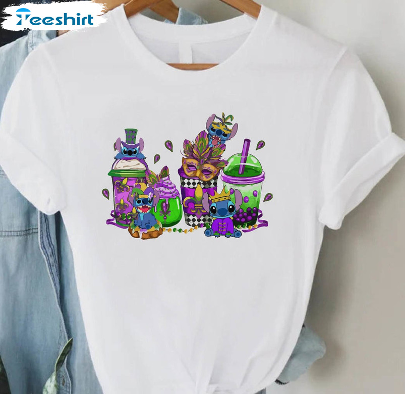 Disney Mardi Gras Coffee Cup Funny Shirt, Disney Vacation 2023 Stitch Drinks Unisex Hoodie Long Sleeve