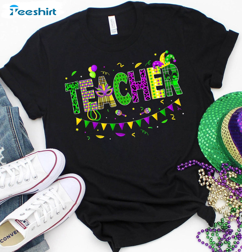 Mardi Gras Teacher Funny Shirt, New Orleans Nola Short Sleeve Sweater