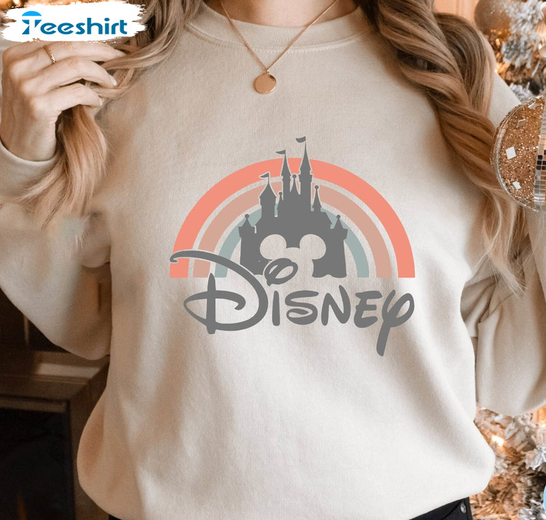 Disney Rainbow Castle Shirt, Vintage Family Disney Castle Short Sleeve Crewneck