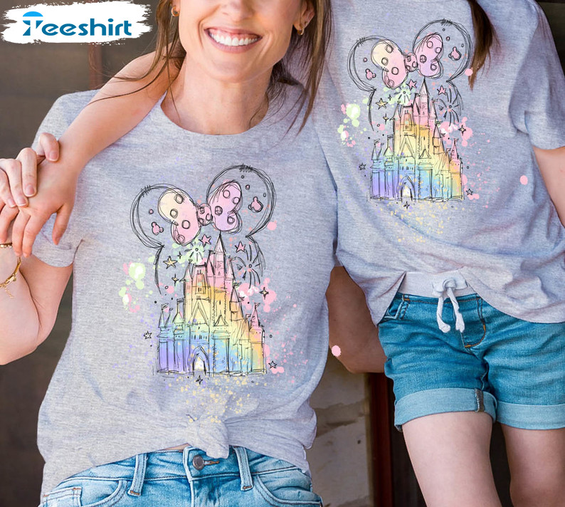 Watercolor Minnie Mouse Castle Shirt , Disney Matching Unisex Hoodie Tee Tops