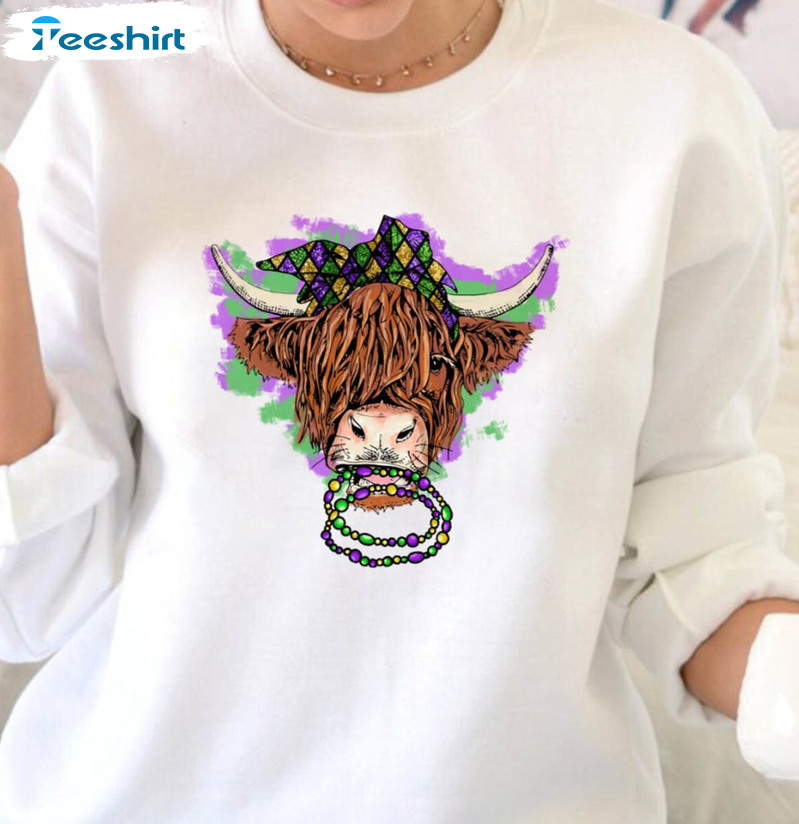 Mardi Gras Highland Cow Funny Shirt, Fat Tuesday Long Sleeve Unisex T-shirt