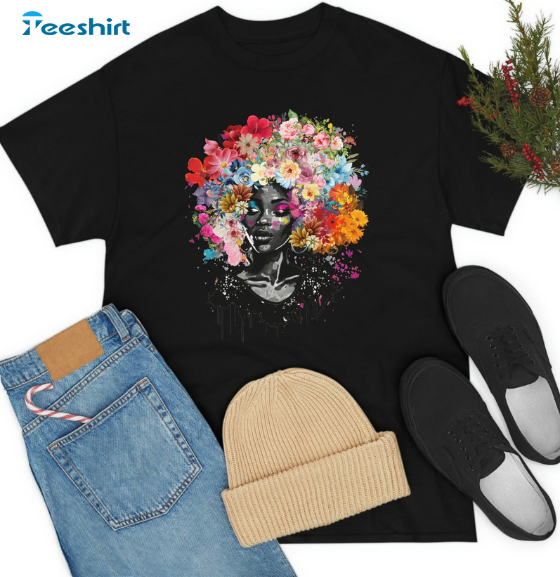 ,Black History Month Shirt, Cute Afro Hair Flowers Unisex Hoodie Crewneck