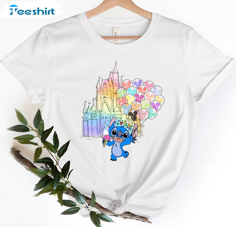 Disney Stitch Watercolor Castle Shirt, Stitch Balloon Unisex Hoodie Crewneck