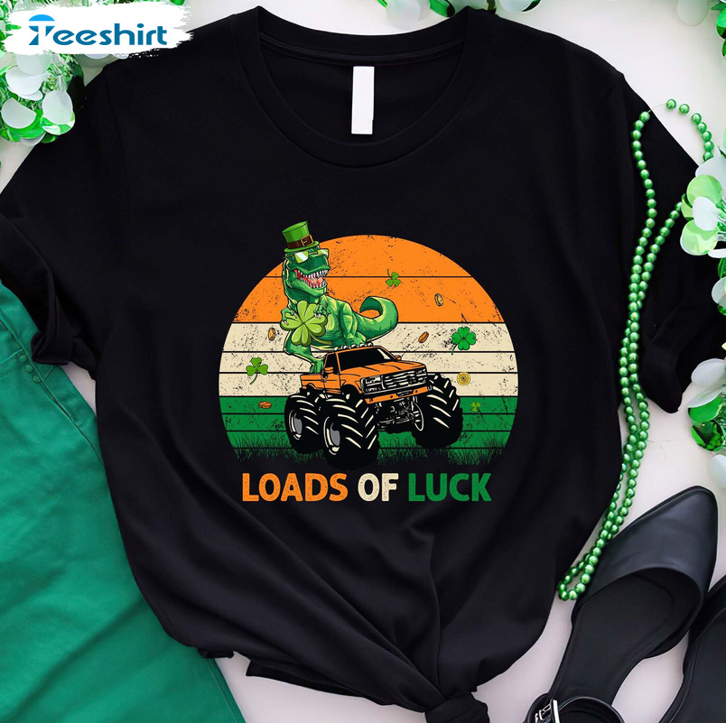 Loads Of Luck Funny Shirt, St Patricks Day Dinosaur Long Sleeve Unisex Hoodie