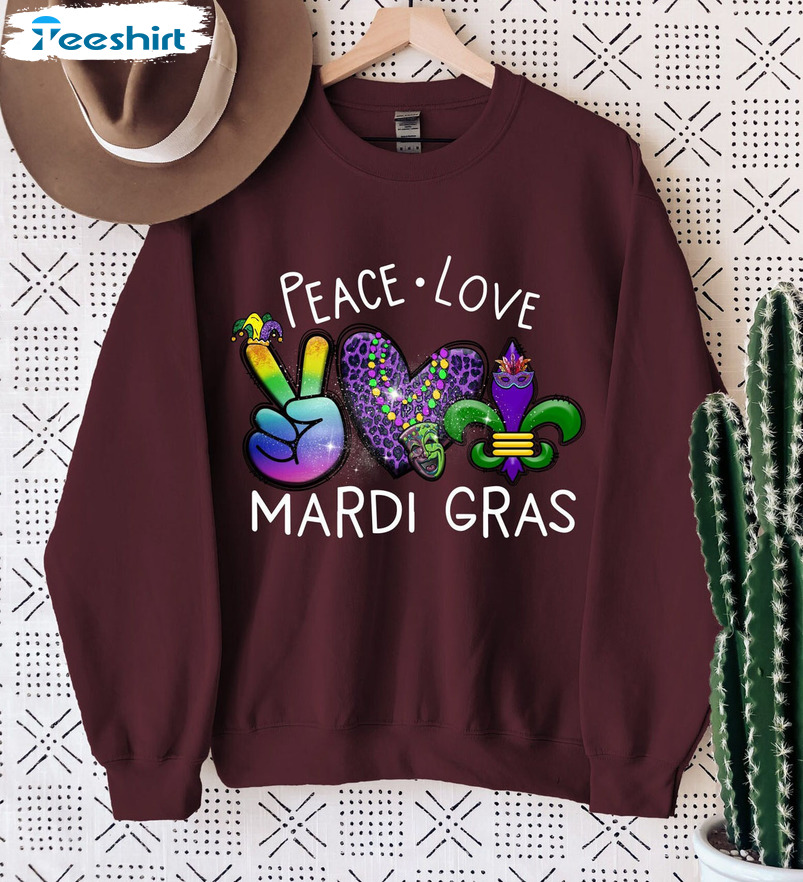 Peace Love Mardi Gras Sweatshirt, Trending Short Sleeve Tee Tops