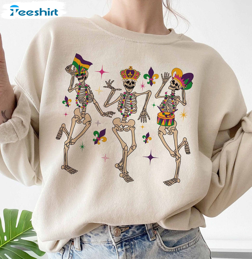 Mardi Gras Skeleton Dancing Shirt, Fat Tuesday New Orleans Unisex T-shirt Short Sleeve