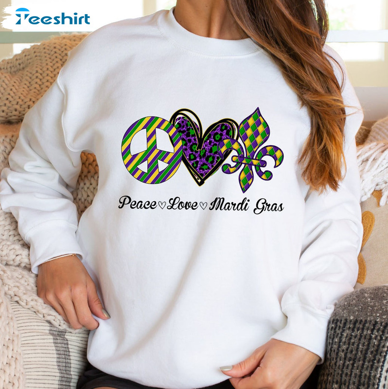 Peace Love Mardi Gras Trendy Shirt, Mardi Grass Festival Short Sleeve Crewneck