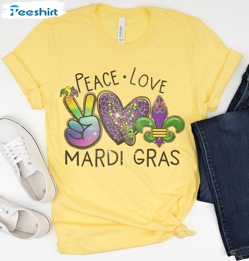 Peace Love Mardi Gras Shirt, Mardi Gras Festival Crewneck Short Sleeve