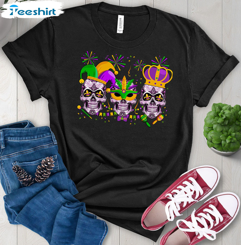 Sugar Skull Mardi Gras Shirt, Mardi Gras Skeleton Tee Tops Unisex T-shirt