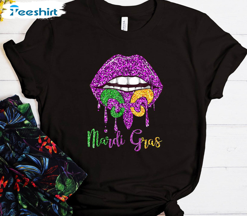 Mardi Gras Lips Trendy Shirt, Fat Tuesday Tee Tops Long Sleeve