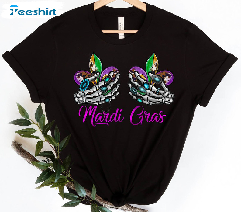 Skeleton Hand Mardi Gras Sweatshirt, Fat Tuesday Short Sleeve Unisex T-shirt