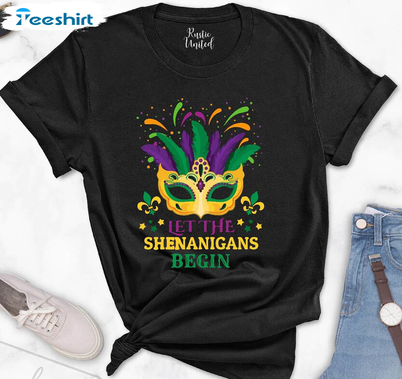 Let The Shenanigans Begin Mardi Gras Shirt, Trending Fleur De Lis Mask Unisex T-shirt Long Sleeve