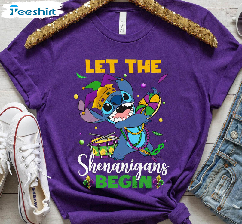 Stitch Let The Shenanigans Begin Trendy Shirt, Disney Mardi Gras Carnival Short Sleeve Unisex T-shirt