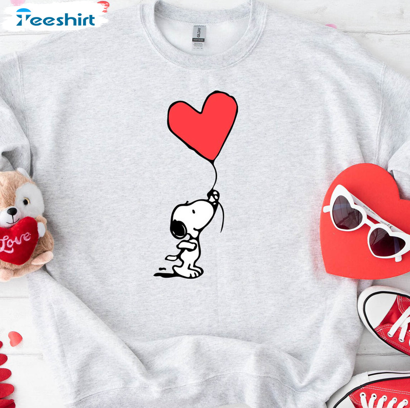 Snoopy Heart Valentine Balloon Shirt, Bull Snoopy Short Sleeve Crewneck