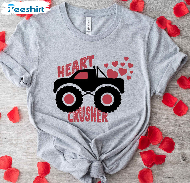 Heart Crusher Monster Truck Shirt, Truck Valentines Day Tee Tops Short Sleeve