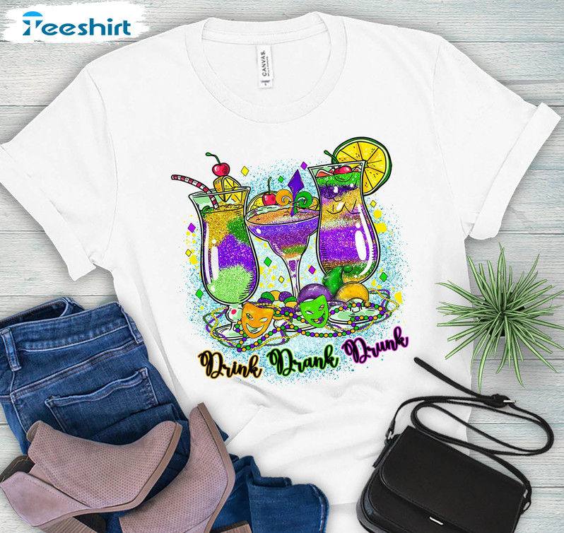 Drink Drank Drunk Vintage Shirt, Mardi Gras Drinking Team Short Sleeve Tee Tops