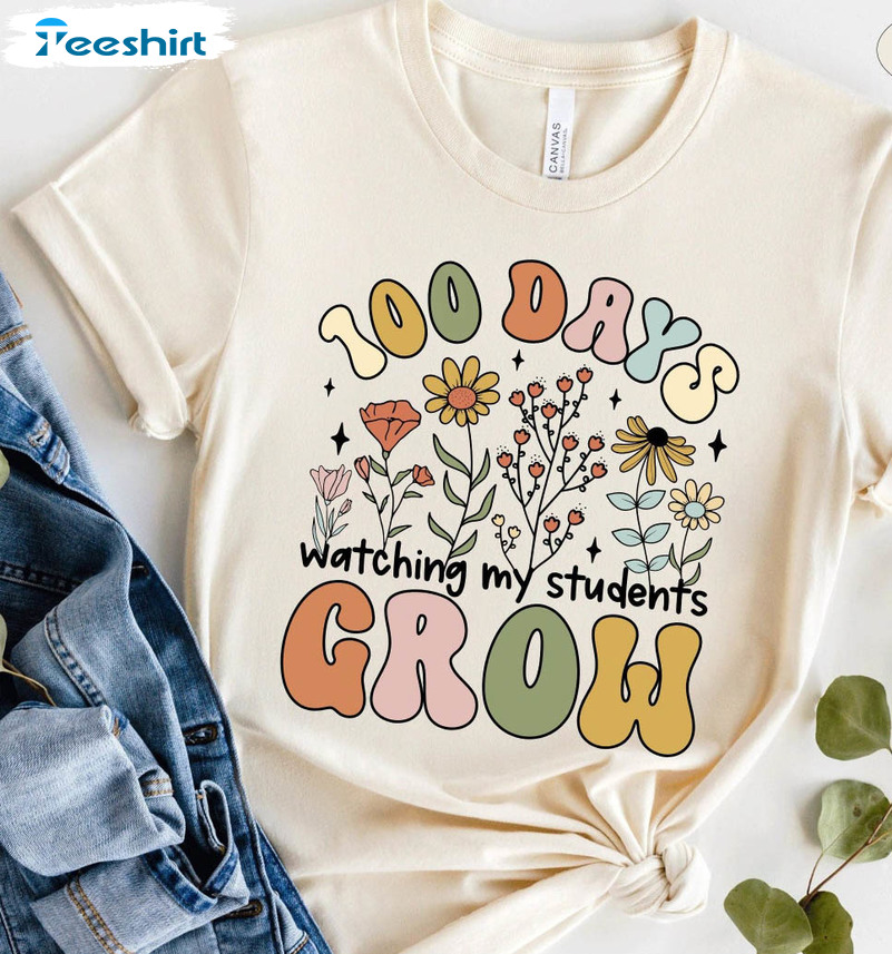 100 Days Of Watching My Students Grow Shirt, Happy 100th Day Of School Crewneck Unisex Hoodie