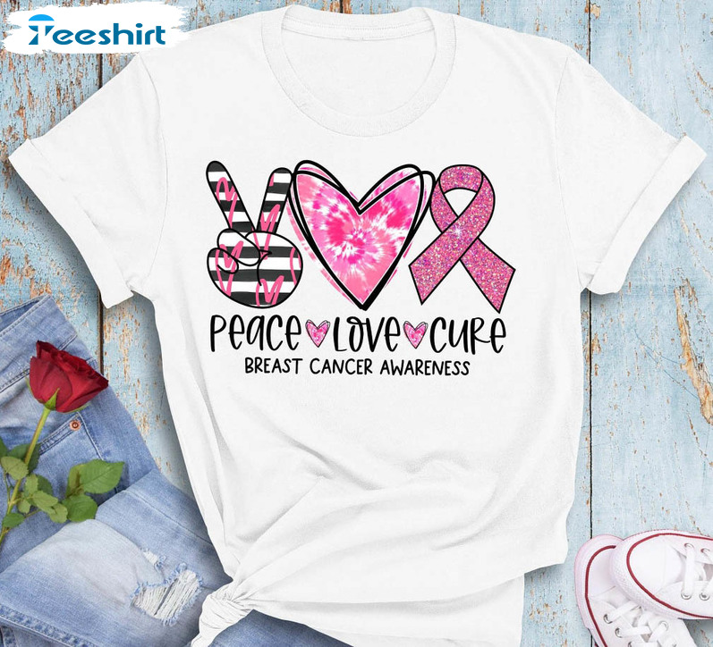 Peace Love Cure Breast Cancer Awareness Shirt, Pink Ribbon Short Sleeve Sweater