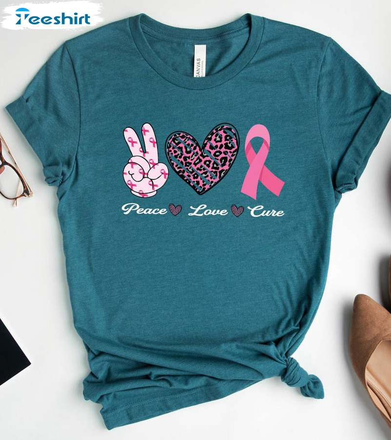 Peace Love Cure Breast Cancer Shirt, Awareness Breast Cancer Ribbon T-shirt Long Sleeve