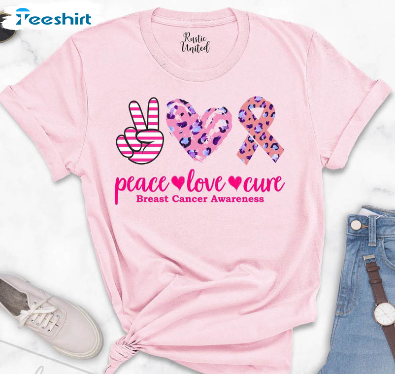 Peace Love Cure Breast Cancer Shirt, Breast Cancer Awareness Crewneck T-shirt
