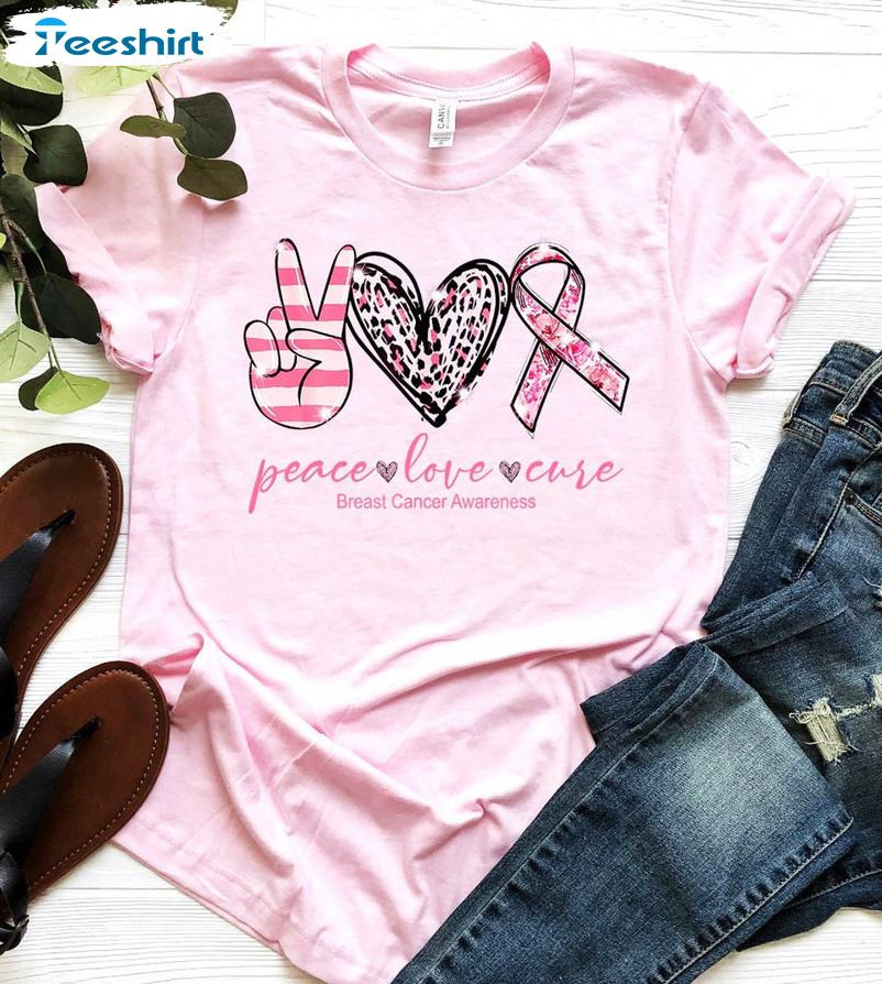 Breast Cancer Awareness Shirt, Peace Love Cure Breast Cancer Long Sleeve Crewneck
