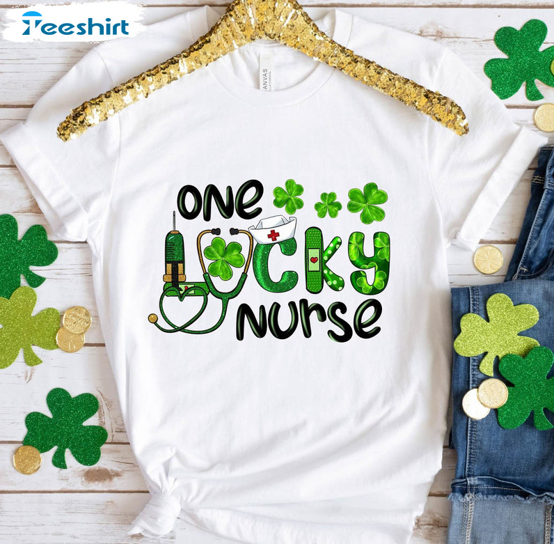 One Lucky Nurse Shirt, St Patricks Day Four Leaf Clover Crewneck Short Sleeve