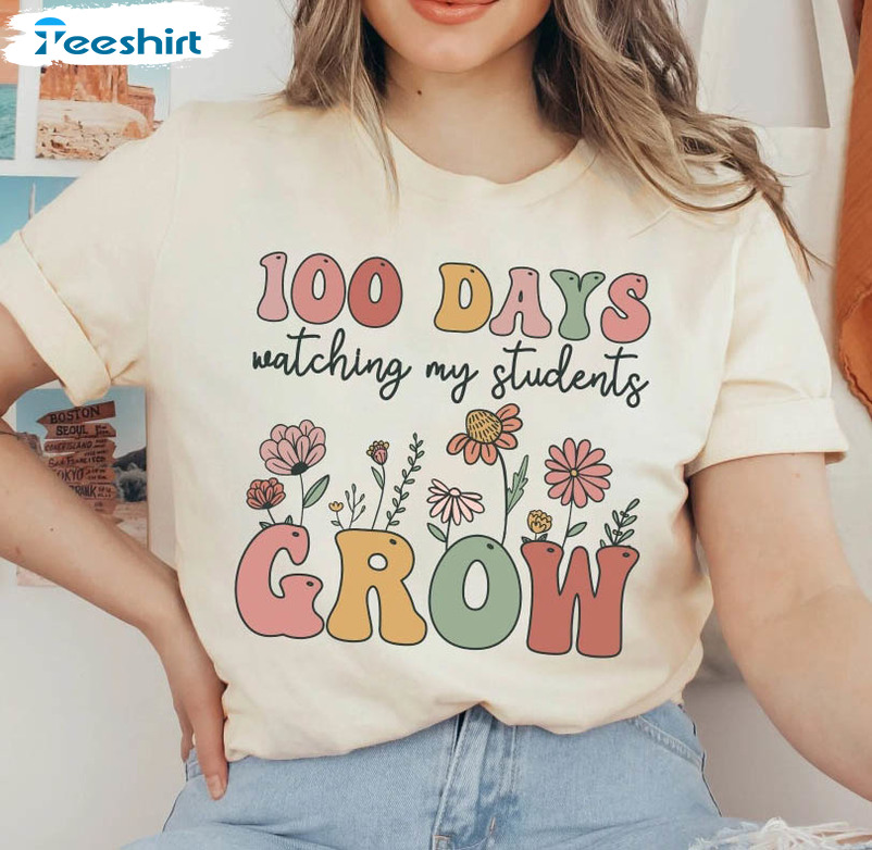 Vintage 100 Days Of Watching My Students Grow Shirt, 100 D Ays Brighter Short Sleeve Crewneck
