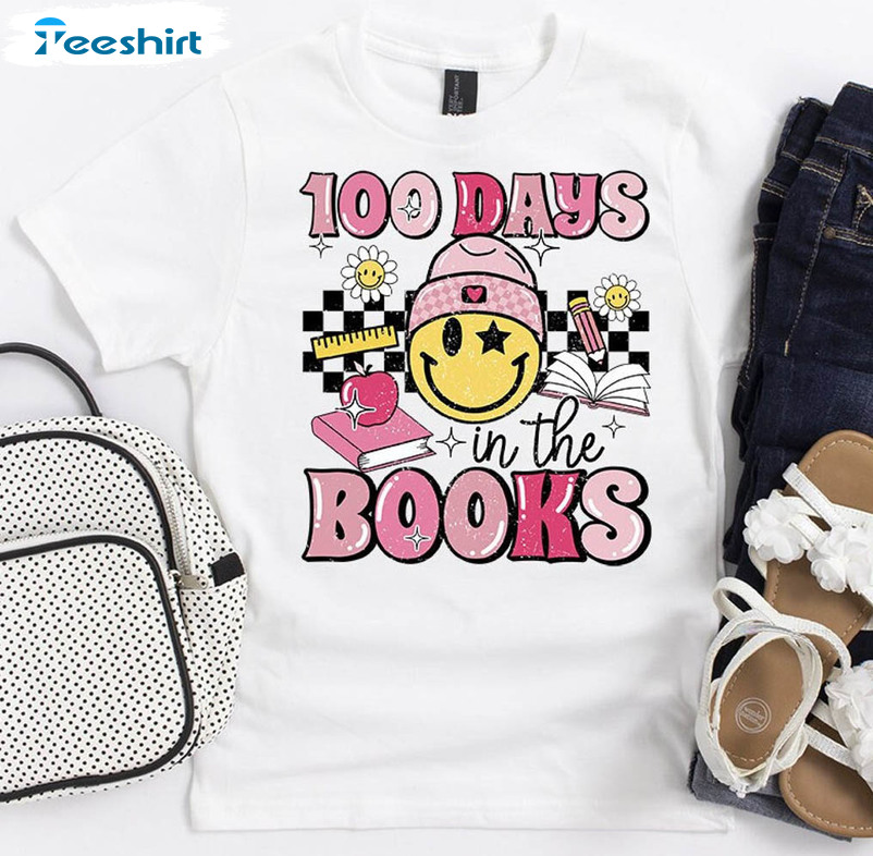 100 Days Of School Shirt, Boho Smile Face In The Books Long Sleeve Tee Tops