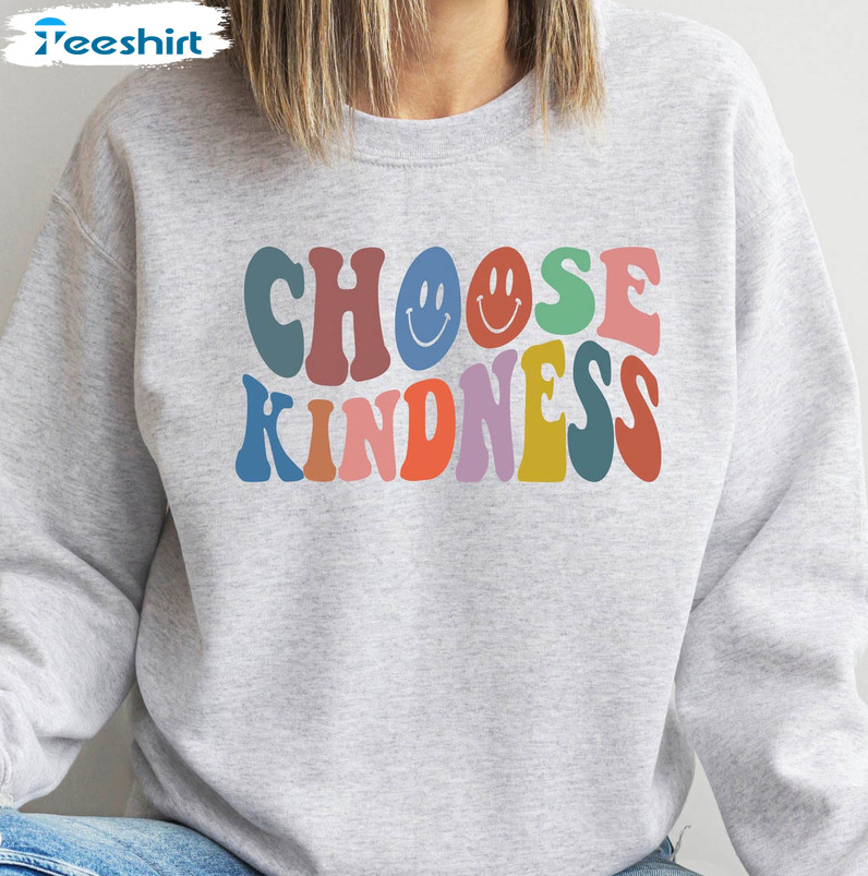 Choose Kindness Colorful Shirt, Smiley Face Trendy Short Sleeve Crewneck