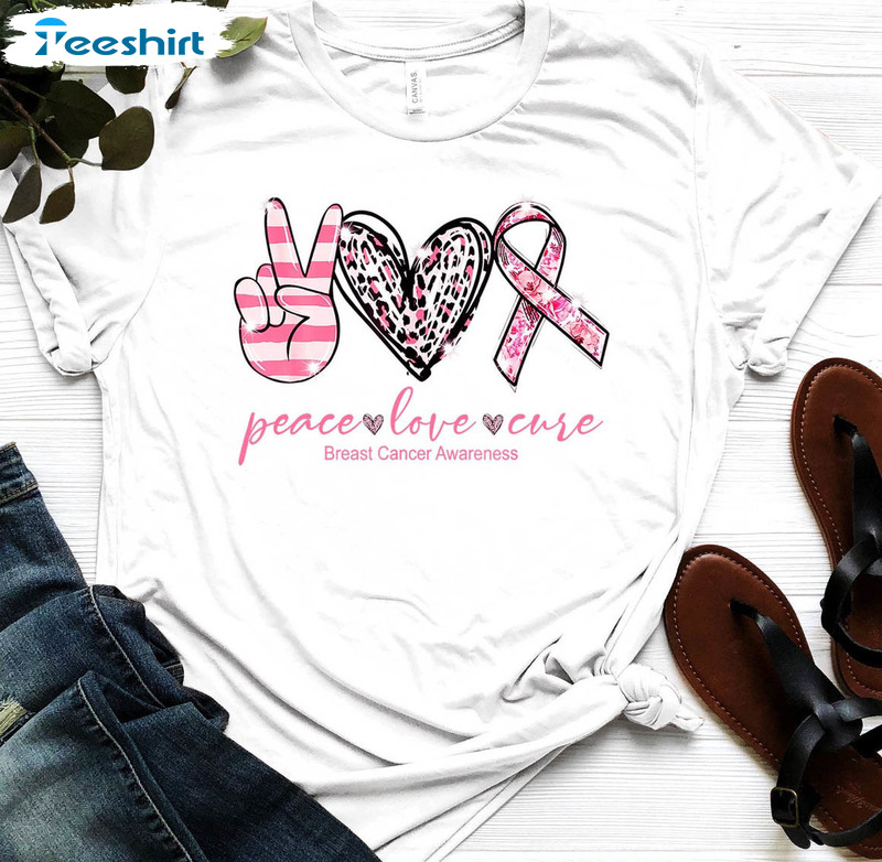 Peace Love Cure Breast Cancer Shirt, Trending Pink Ribbon Short Sleeve Tee Tops