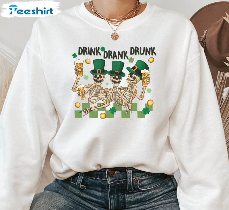 Skeleton St Patricks Day Shirt, Lucky Drinking Short Sleeve Long Sleeve
