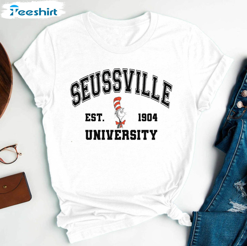 Seussville Est 1904 University Shirt, Peace Love Teach Day Short Sleeve Crewneck