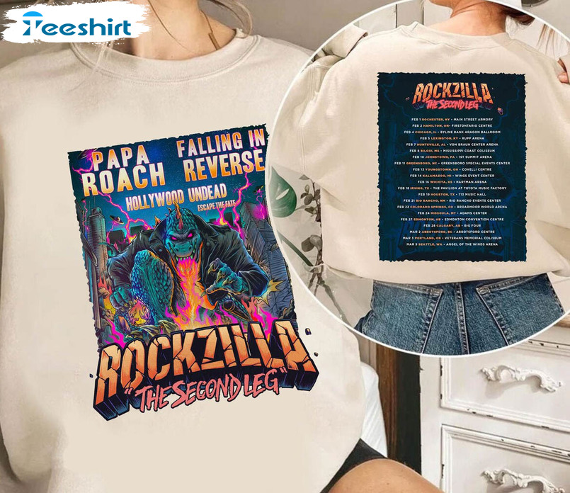 Rockzilla The Second Leg Tour 2023 Shirt, Papa Roach Falling In Reverse Unisex T-shirt Crewneck