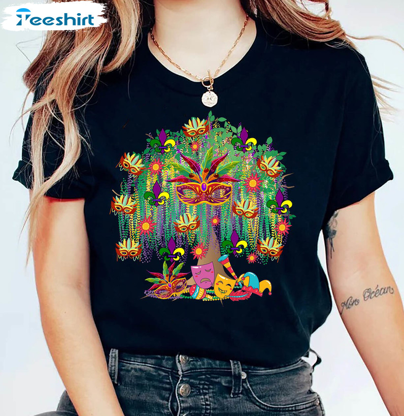 Watercolor Mardi Gras Bead Tree Shirt, Colorful New Orleans Short Sleeve Sweatshirt