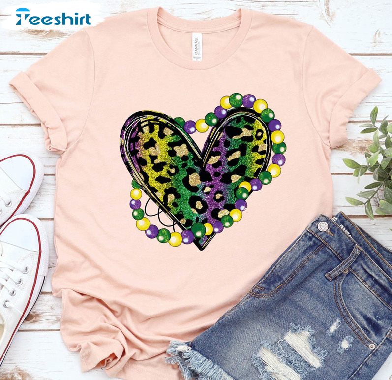 Leopard Print Heart With Beads Shirt, New Orleans Carnival Long Sleeve Unisex Hoodie