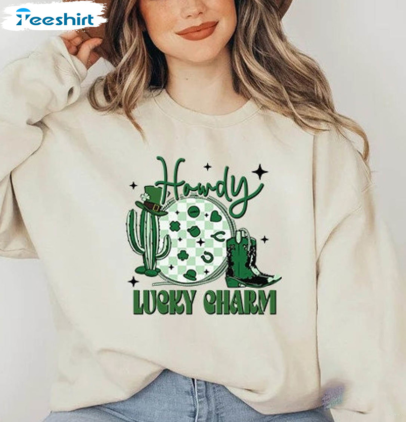 Retro Howdy Shamrock Cowboy Shirt, St Patricks Western Long Sleeve Crewneck