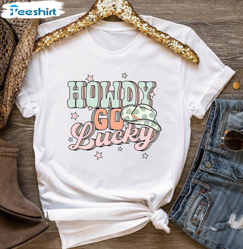 Howdy Go Lucky Western St Patricks Day Shirt, Leopard Crewneck Unisex Hoodie