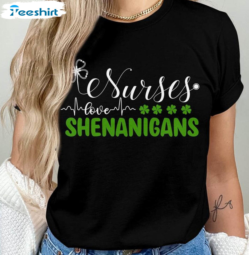 Shenanigans Funny Nurse Shirt, 4 Leaf Clover Saint Patricks Day Crewneck Short Sleeve