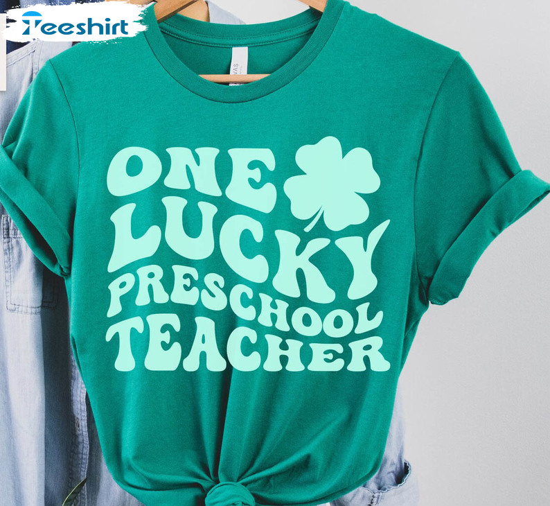 Vintage One Lucky Preschool Teacher Shirt, Teachers Short Sleeve Crewneck
