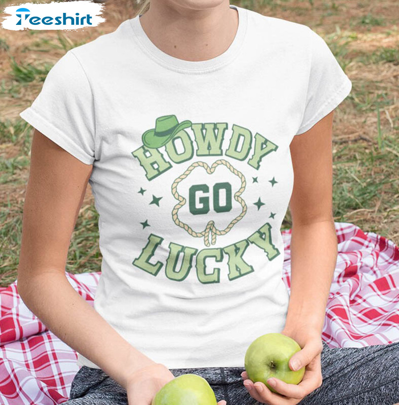 Howdy Go Lucky St Patricks Day Shirt, Western Cute Short Sleeve Tee Tops