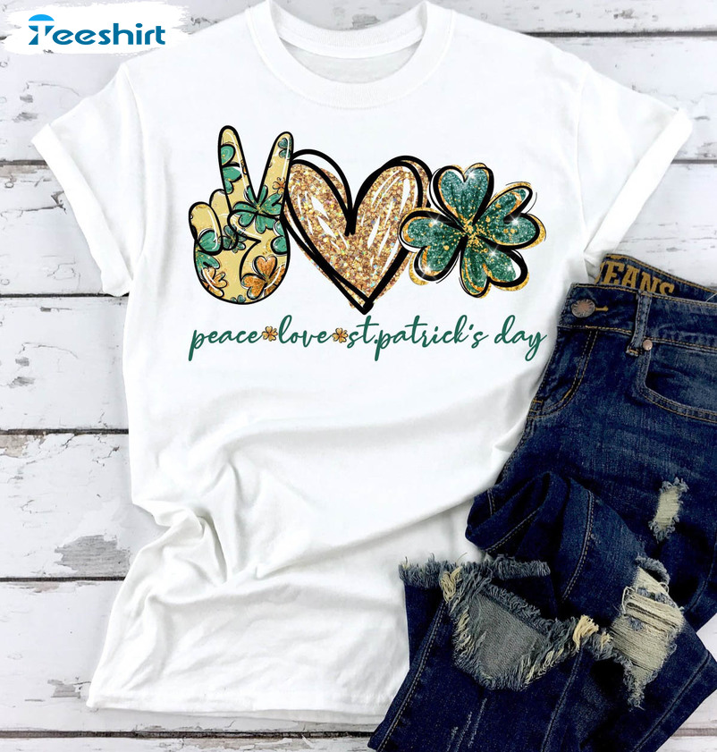 Peace Love St Patricks Day Shirt, Shamrocks Trendy Unisex Hoodie Long Sleeve